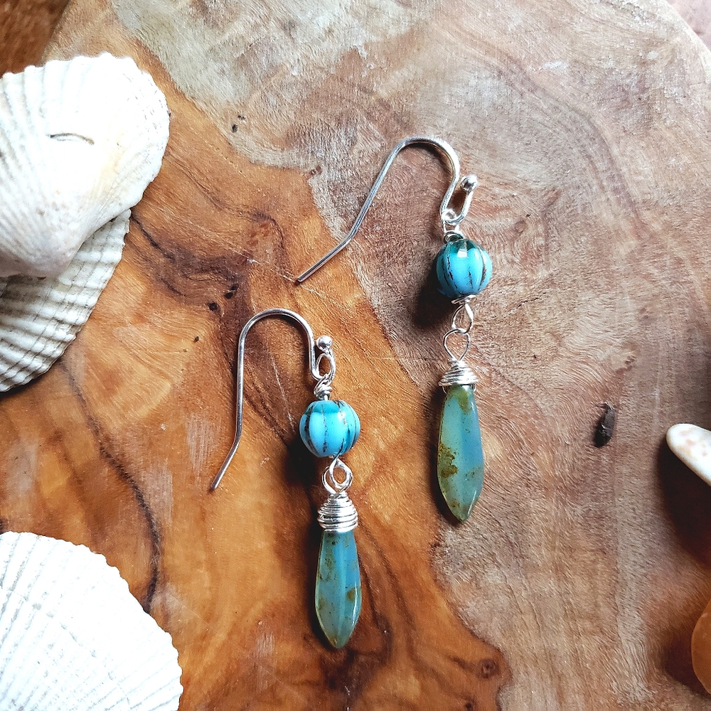 Handmade Czech Aqua Melon + Turquoise Dagger Earrings